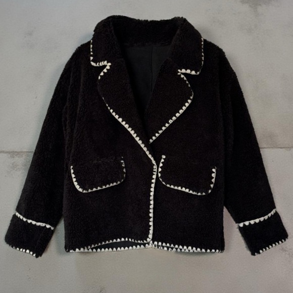 CHOUYATOU • Sherpa Fleece Jacket Casual Collar Fuzzy Coat Contrast Trims - Picture 8 of 8